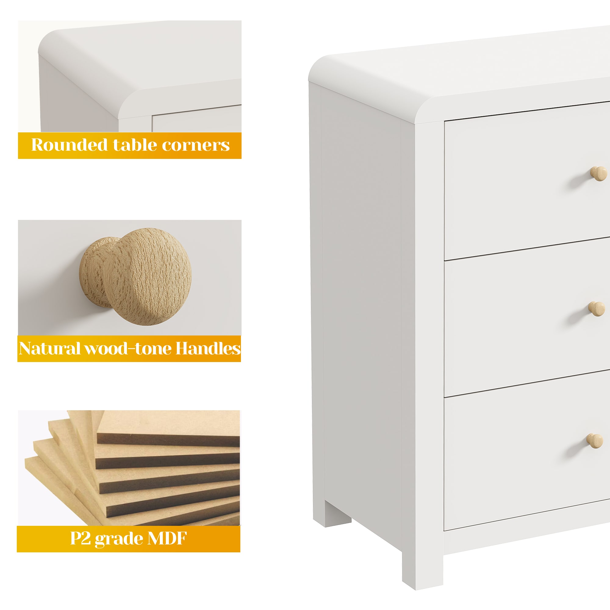 3 Drawer Dresser With Rounded Table Corners, Modern Chest Of Drawers, Large Nightstand Side Table, Wood Storage Dressers Organizer For Bedroom, Living Room, Entryway, White/Natural Wood_maomaolike.com